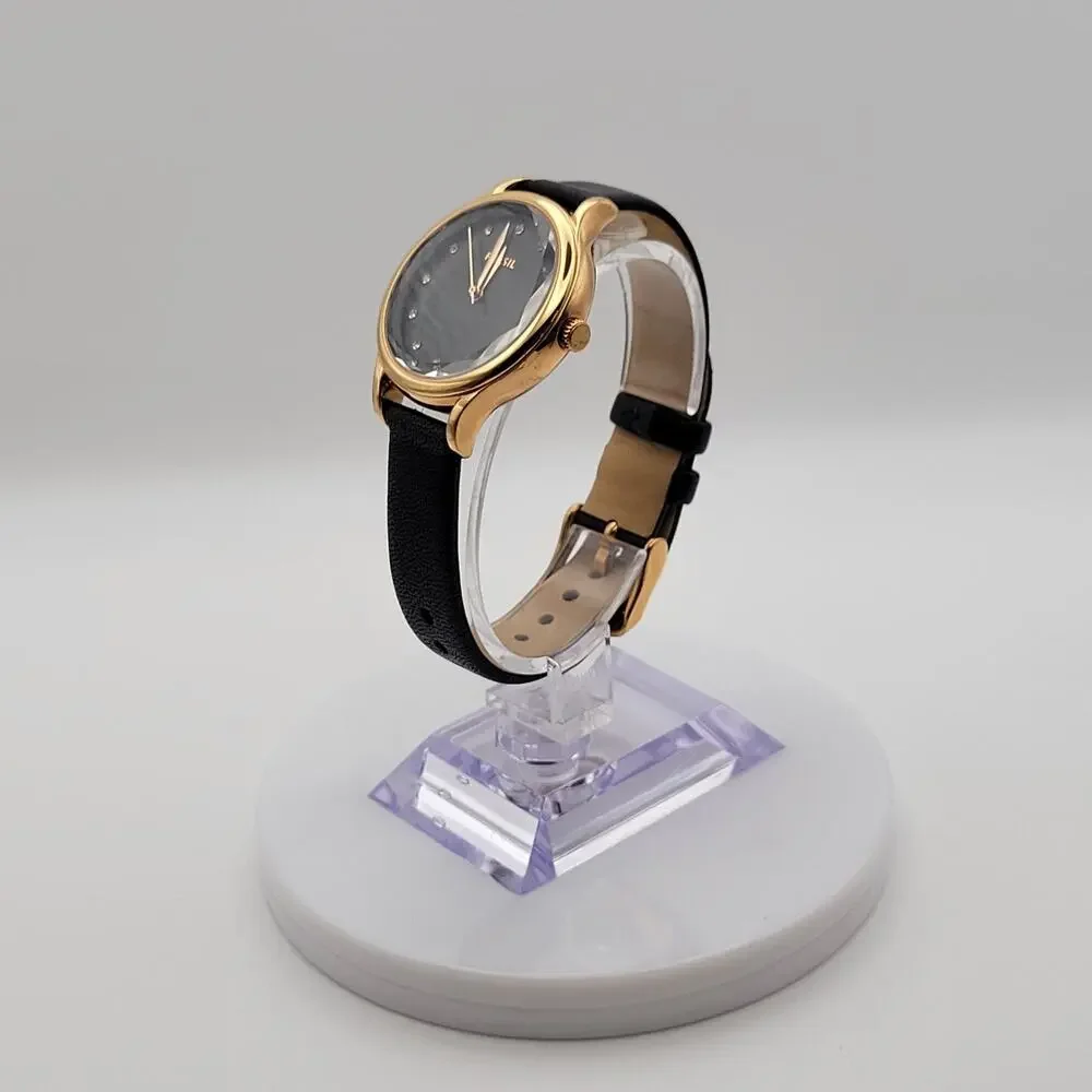 Fossil Womens Gold Tone Black Dial Crystal Markers Quartz Watch Leather Strap
